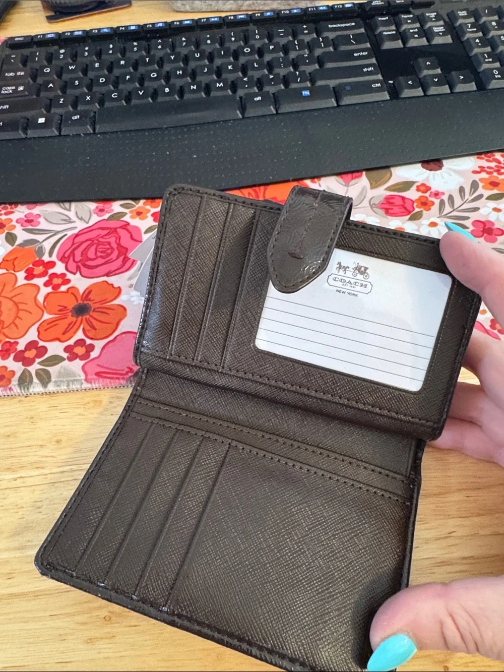 NWT Coach Brown Signature leather Trifold Card Holder with Gold Badge